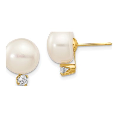 14K Yellow Gold 1/5 ct tw Round Freshwater Cultured Pearl & Diamond Button Stud Earrings