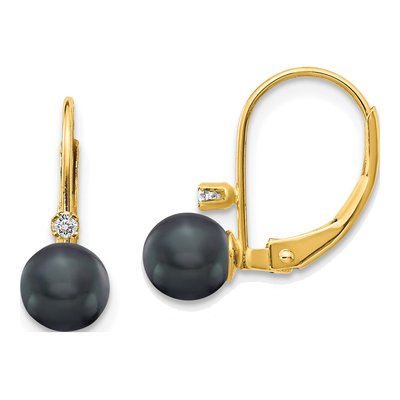 14K Yellow Gold Black Freshwater Cultured Pearl & Diamond Leverback Earrings