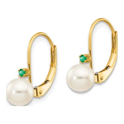 14K Yellow Gold Freshwater Cultured Pearl & Emerald Leverback Earrings – view 2
