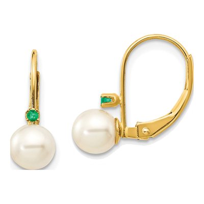 14K Yellow Gold Freshwater Cultured Pearl & Emerald Leverback Earrings