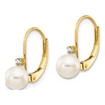 14K Yellow Gold Freshwater Cultured Pearl & Diamond Near-Round Leverback Earrings – view 2