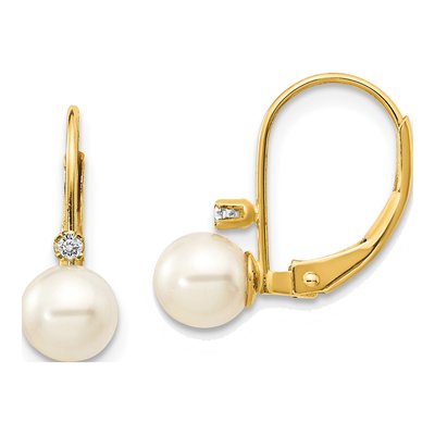 14K Yellow Gold Freshwater Cultured Pearl & Diamond Near-Round Leverback Earrings