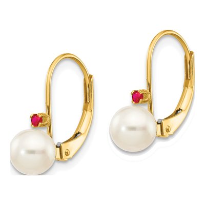 14K Yellow Gold Freshwater Cultured Pearl & Ruby Leverback Earrings – view 2
