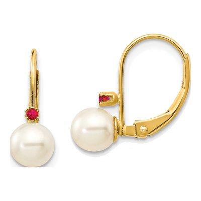 14K Yellow Gold Freshwater Cultured Pearl & Ruby Leverback Earrings