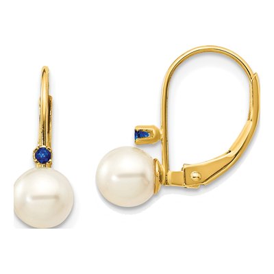14K Yellow Gold Freshwater Cultured Pearl & Sapphire Leverback Earrings