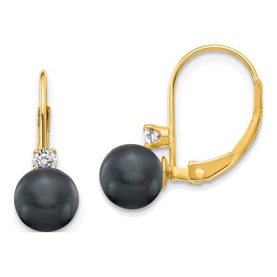 14K Yellow Gold 1/10 ct tw Black Freshwater Cultured Pearl & Diamond Leverback Earrings