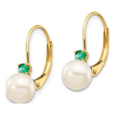14K Yellow Gold Freshwater Cultured Pearl & Emerald Leverback Earrings – view 2