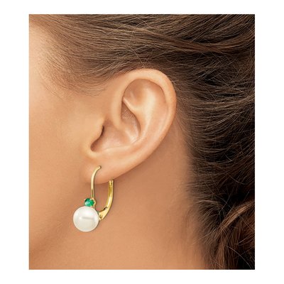 14K Yellow Gold Freshwater Cultured Pearl & Emerald Leverback Earrings – view 3