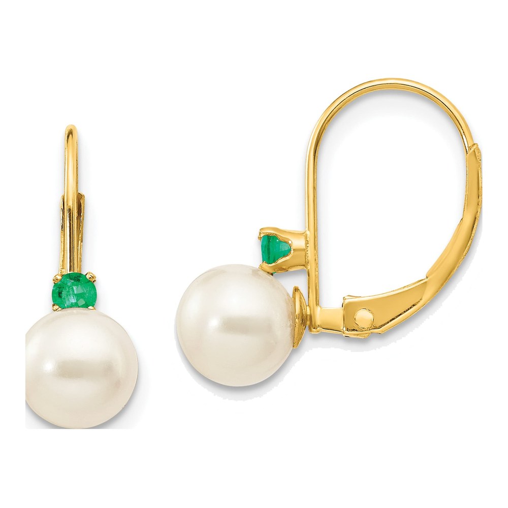 14K Yellow Gold Pearl & Emerald Leverback Earrings