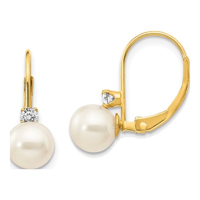 14K Yellow Gold 1/10 ct tw Freshwater Cultured Pearl & Diamond Leverback Earrings