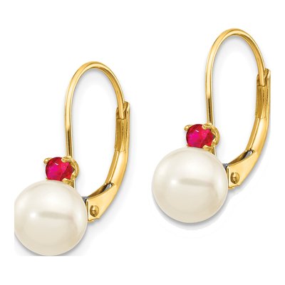 14K Yellow Gold Freshwater Cultured Pearl & Ruby Leverback Earrings – view 2