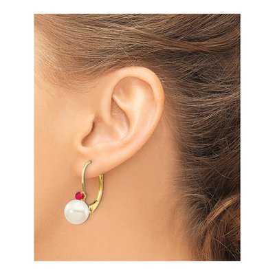 14K Yellow Gold Freshwater Cultured Pearl & Ruby Leverback Earrings – view 3