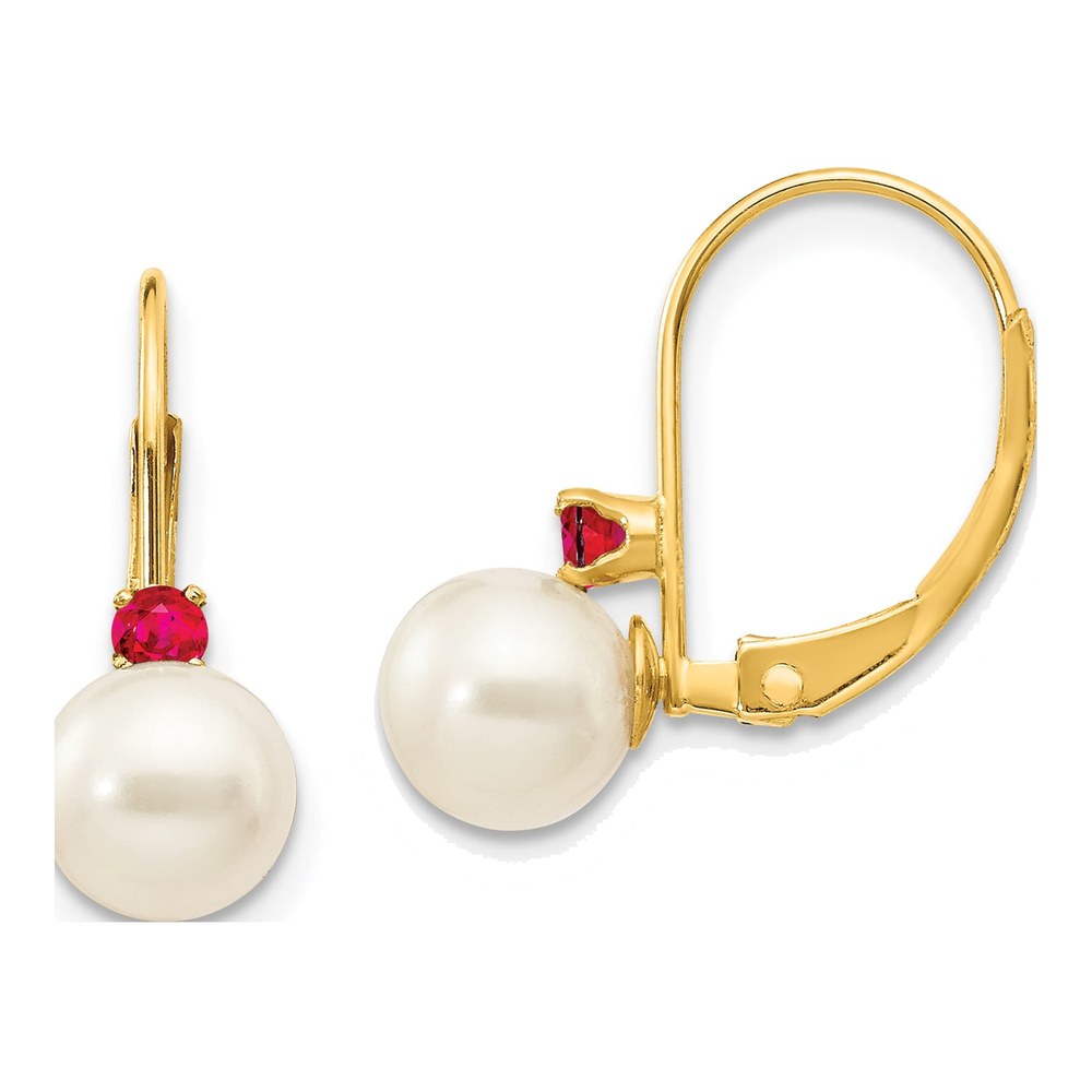 14K Yellow Gold Freshwater Cultured Pearl & Ruby Leverback Earrings