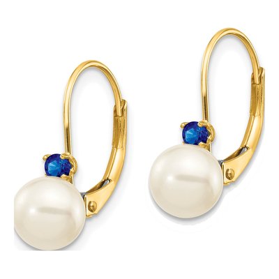 14K Yellow Gold Freshwater Cultured Pearl & Sapphire Leverback Earrings – view 2