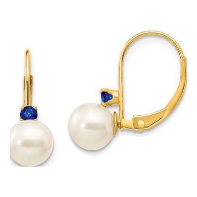 14K Yellow Gold Freshwater Cultured Pearl & Sapphire Leverback Earrings