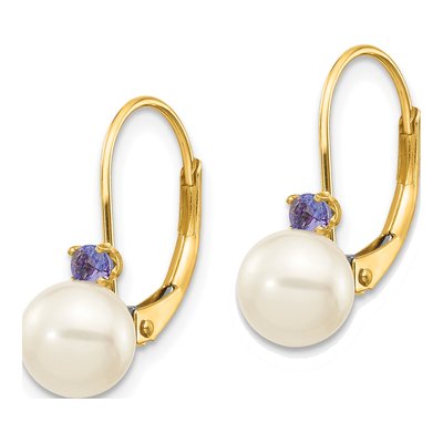 14K Yellow Gold Freshwater Cultured Pearl & Tanzanite Leverback Earrings – view 2