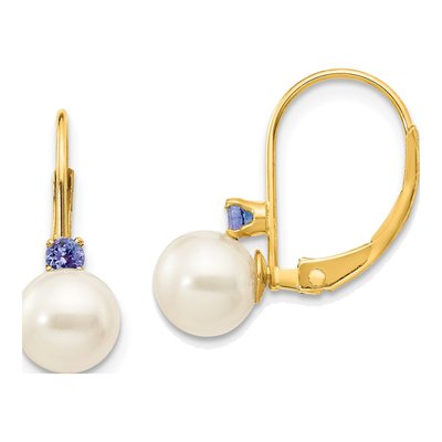 14K Yellow Gold Freshwater Cultured Pearl & Tanzanite Leverback Earrings