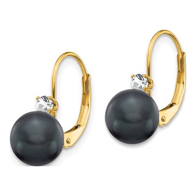 14K Yellow Gold 1/6 ct tw Black Freshwater Cultured Pearl & Diamond Leverback Earrings – view 2