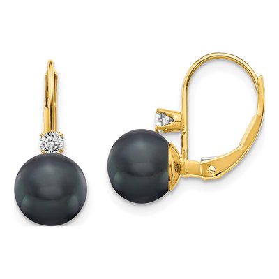 14K Yellow Gold 1/6 ct tw Black Freshwater Cultured Pearl & Diamond Leverback Earrings