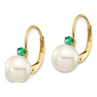 14K Yellow Gold Freshwater Cultured Pearl & Emerald Leverback Earrings – view 2