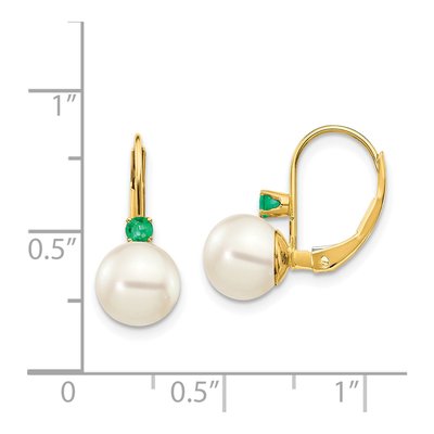 14K Yellow Gold Freshwater Cultured Pearl & Emerald Leverback Earrings – view 4