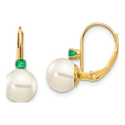 14K Yellow Gold Freshwater Cultured Pearl & Emerald Leverback Earrings