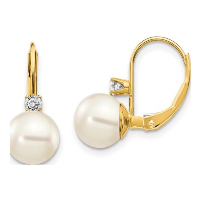 14K Yellow Gold 1/6 ct tw Freshwater Cultured Pearl & Diamond Leverback Earrings