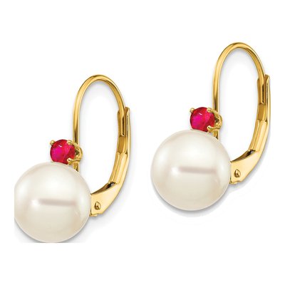14K Yellow Gold Freshwater Cultured Pearl & Ruby Leverback Earrings – view 2