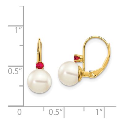 14K Yellow Gold Freshwater Cultured Pearl & Ruby Leverback Earrings – view 4