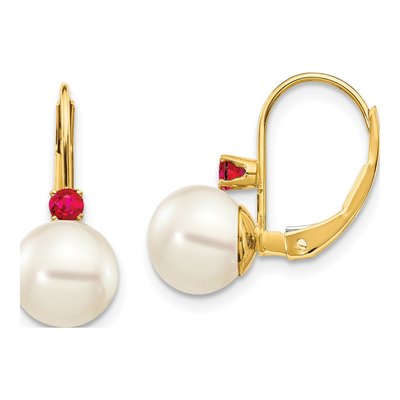 14K Yellow Gold Freshwater Cultured Pearl & Ruby Leverback Earrings