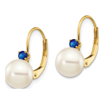 14K Yellow Gold Freshwater Cultured Pearl & Sapphire Leverback Earrings – view 2