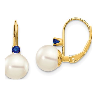 14K Yellow Gold Freshwater Cultured Pearl & Sapphire Leverback Earrings