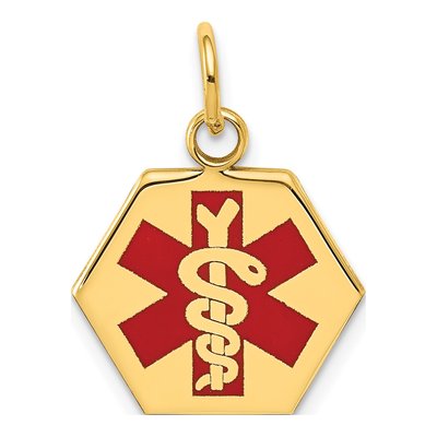 14K Yellow Gold Red Enamel Medical ID Pendant