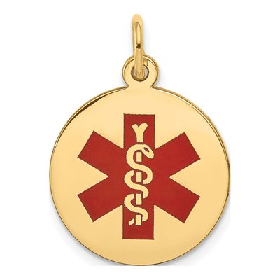 14K Yellow Gold Red Enamel Medical ID Pendant