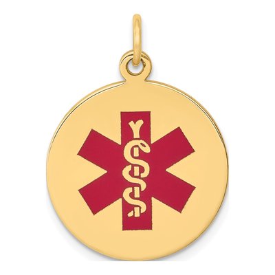 14K Yellow Gold Red Enamel Medical Alert Pendant