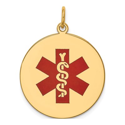 14K Yellow Gold Round Red Enamel Medical Alert Pendant