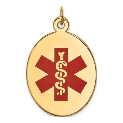 14K Yellow Gold Oval Red Enamel Medical Alert Pendant