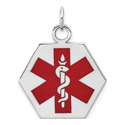 14K White Gold Hexagon Red Enamel Alert Pendant