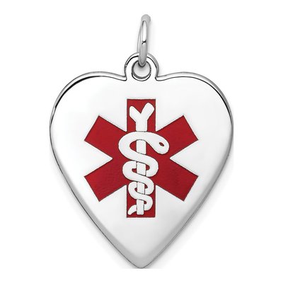 14K White Gold Red Enamel Medical ID Heart Pendant