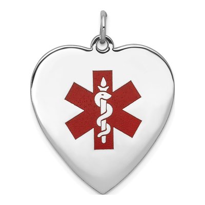 14K White Gold Red Enamel Heart Medical ID Pendant