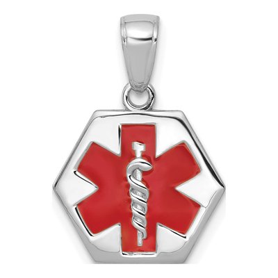 14K White Gold Red Enamel Medical ID Pendant