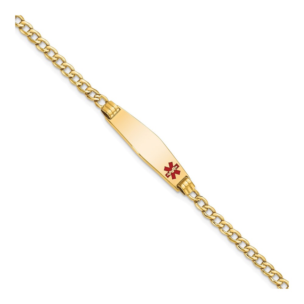 14K Gold Medical ID Bracelet, Red Enamel Cuban, 7 In