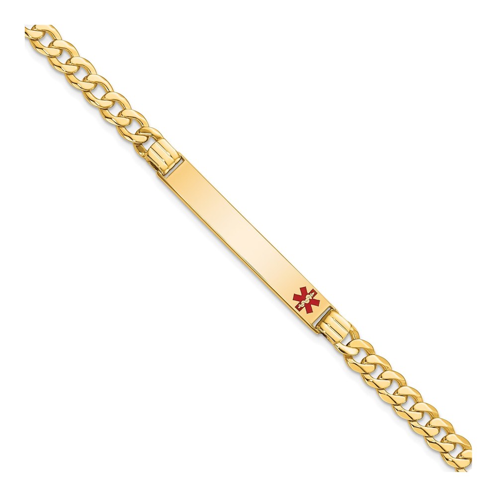 14K Yellow Gold Medical Solid Chain/solid Plate 37x6mm Off-Center Red Enamel Curb Link 8 Inch Id Bracelet with Lobster Clasp