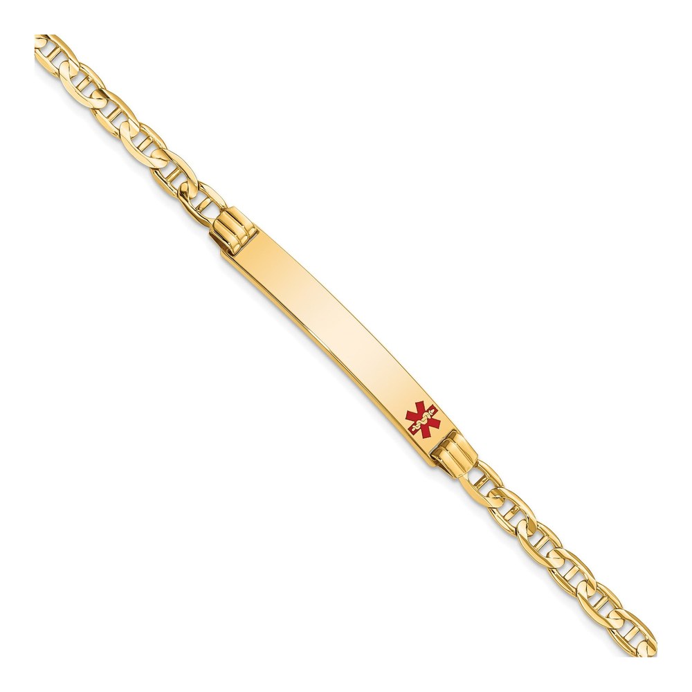 14K Yellow Gold Medical Solid Chain/solid Plate 37x6mm Off-Center Red Enamel Anchor Link 8 Inch Id Bracelet with Lobster Clasp