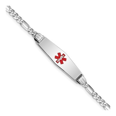 14K White Gold Figaro Red Enamel ID Bracelet