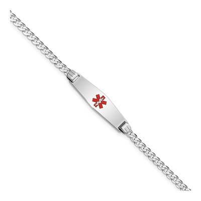 14K White Gold Curb Link Red Enamel ID Bracelet