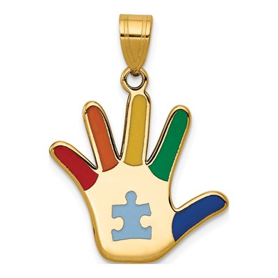 14K Yellow Gold Autism Puzzle Handprint Pendant