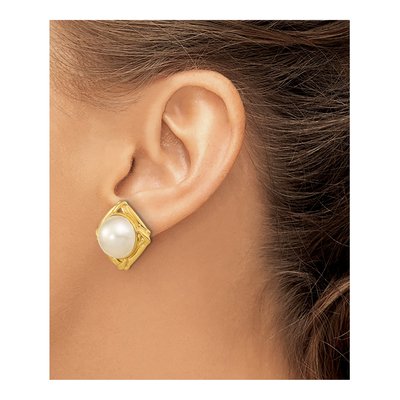 14K Yellow Gold Button Cultured Pearl Mabe Omega Stud Earrings – view 3