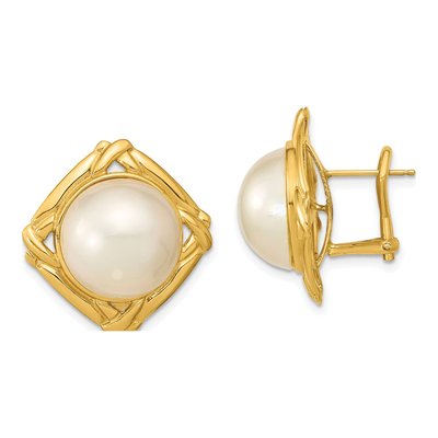 14K Yellow Gold Button Cultured Pearl Mabe Omega Stud Earrings
