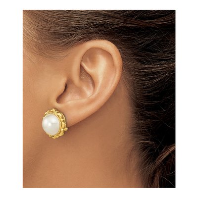 14K Yellow Gold Button Cultured Pearl Mabe Omega-Back Stud Earrings – view 3